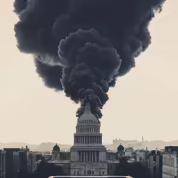a black smoke stack rises above a cityscape
