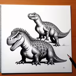 two drawings of an iguado dinosaurs sitting on top of a book,two drawing of a dinosaur standing side by side,two drawings of a dinosaur on a paper,a drawing of two different types of dinosaurs,two drawings of different sized dinosaurs