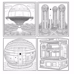 a black and white drawing of spaceships and space station,a series of drawings depicting the inside and outside of an object