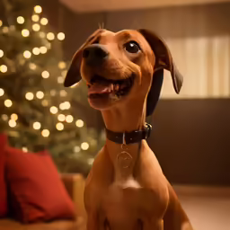 dog with collar sitting in front of a christmas tree