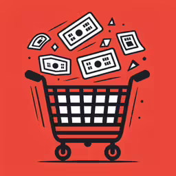 a shopping cart with money flying out of it