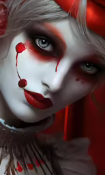 an artistic, creepy doll wearing red eyeliners and blood makeup