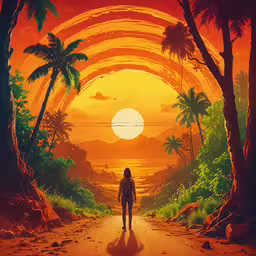 a person walking down the road in front of a bright sun,there is a person walking down the road towards a beautiful sunset