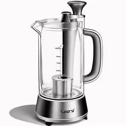 a glass coffee maker with a silver base