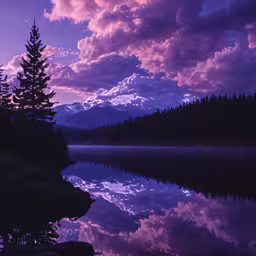 a beautiful purple lake with the sun shining in