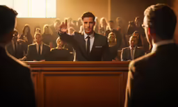 a man in a suit and tie speaks to a crowd at the bar