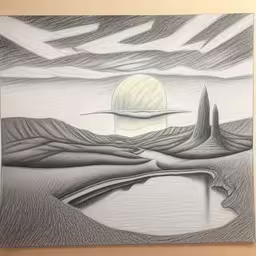 a drawing of a surreal landscape and a light up sphere