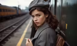a woman leaning on the side of a train while holding onto her cigarette