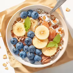 a bowl filled with granola, blueberries, fruit and nuts