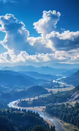 an airplane is flying over a valley on a sunny day