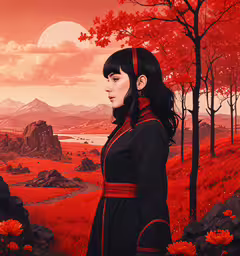a portrait of an asian lady in front of a beautiful landscape,an illustration of a woman with black hair in a field surrounded by flowers