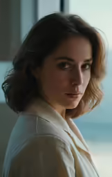 a girl with dark eyes looking into the distance