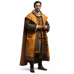 a man with his hands folded while wearing a yellow medieval outfit