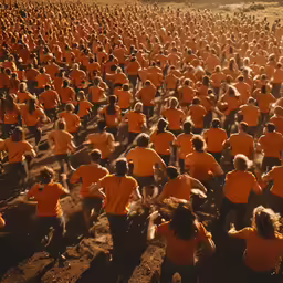 a large group of people walking across a desert