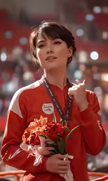 a female professional athlete with flowers and her award
