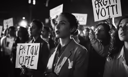 people holding signs at a rally that read right vote