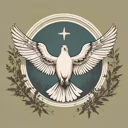 a bird with wings spread and the cross in a circle,white bird with wings spread on top of leaves