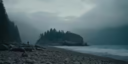 a person standing on rocks looking at a rocky beach