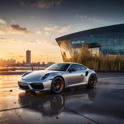 a shiny silver car parked outside an illuminated building