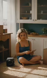 a woman sitting in a room using a tablet