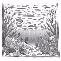 underwater scene in black and white with sea fish