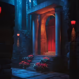 a doorway and some plants outside a house