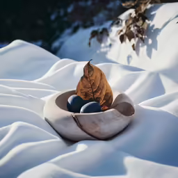 a bowl is on the ground and there are two balls and an orange leaf in it
