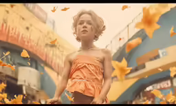 there is a young girl with a orange dress on