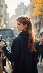 a woman with long hair is looking away while standing in the street