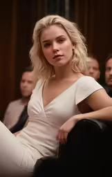 a woman in a white dress sitting on a chair
