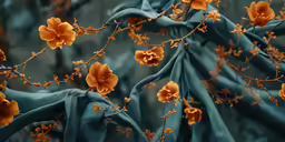 yellow flowers on a twig with a long blue material covering them