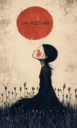 an art work with a lady sitting in the grass with a red sun on top