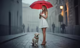 a woman holds an umbrella with a dog on a leash