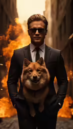 man holding a pomeranian dog on his lap and posing for a picture