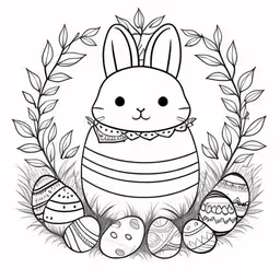a rabbit surrounded by eggs in the grass