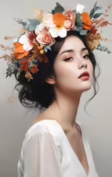 a woman with flowers in her hair looking up
