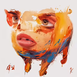 a painting of the face of a woman covered with orange paint