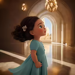 a young girl wearing a green dress standing in front of a archway