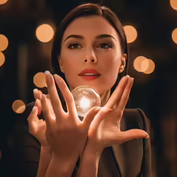 a woman with short hair holding an electric light bulb