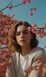 a young girl is standing by cherry blossoms