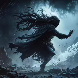 a character is running through the air with storm hair in his hand
