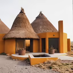 an old fashioned building made of clay with a grass roof