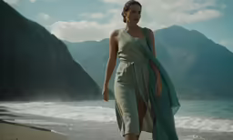 a woman is walking on the beach with an umbrella