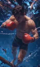 a young man is photographed under water wearing boxing gloves