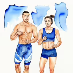 the man and woman are running in their underwear,a man and woman running in colorful clothing,a watercolor painting of two people posing,two people with a watercolor splash on them,a picture of two people in boxers, one wearing blue