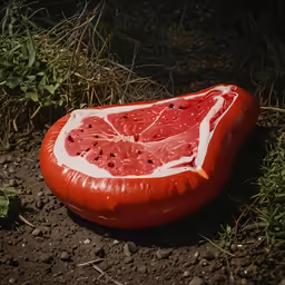 an outdoor object in the grass is shaped like a large red slice of watermelon