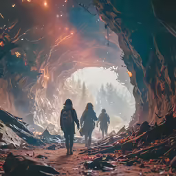 three people walking through a tunnel in the middle of the woods
