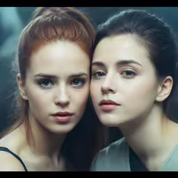 two women are shown looking off to the side