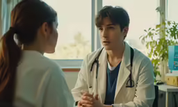 the doctor is talking to a patient with long brown hair