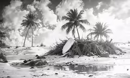 a man laying on the beach next to an island with coconut trees